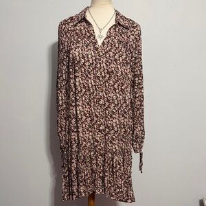 easel Burgundy Floral Button-Front Long-Sleeve Dress